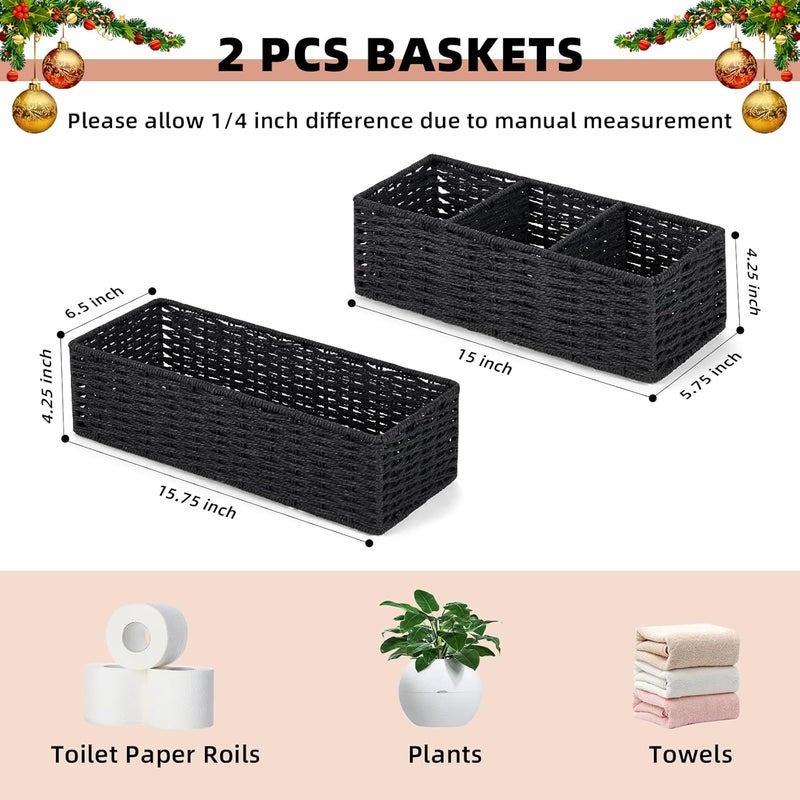DULLEMELO Toilet Paper Basket for Organizing, Paper Rope Bathroom Baskets, Decorative Storage Bins for Countertop Bathroom Shelves, Set of 2,Black - Image 2